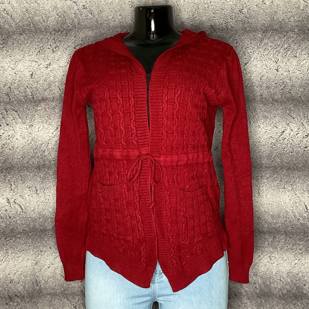 Maroon Hooded Cable Knit Cardigan
